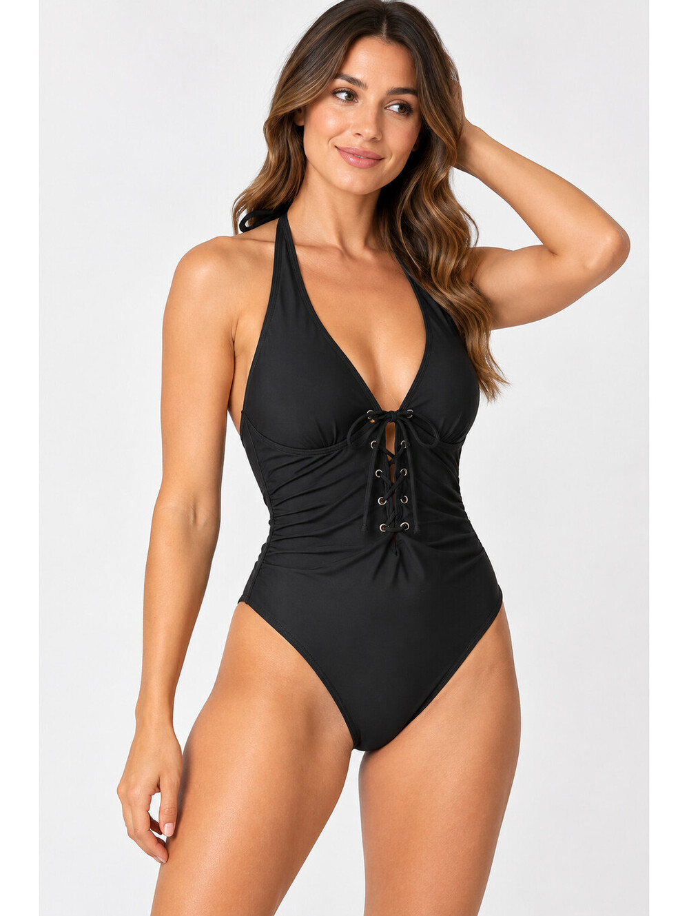 Adore Me Women’s Black Lace Up Halter One Piece Swimsuit Size M NWT